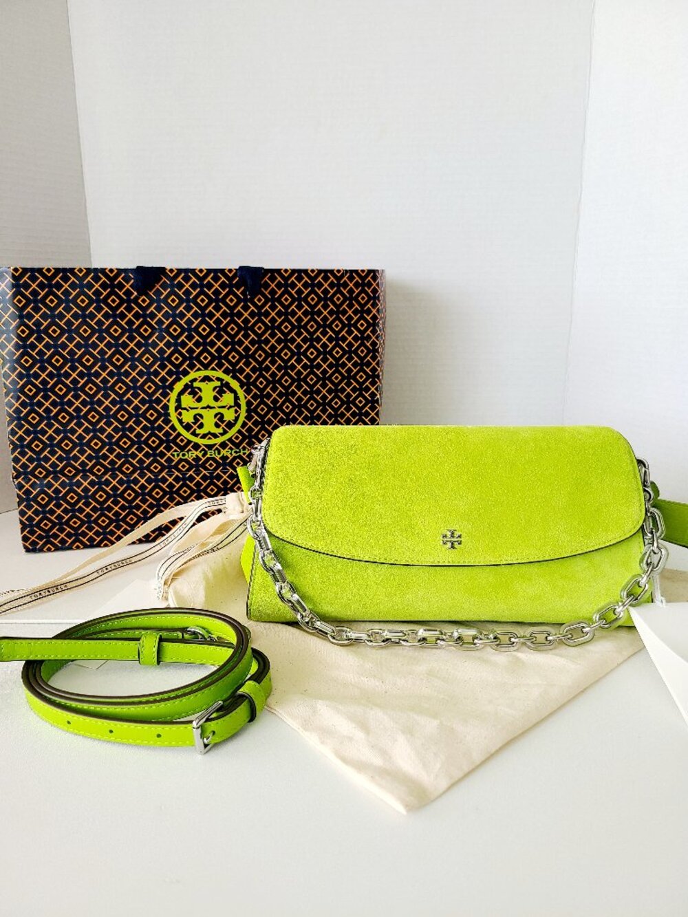 Tory Burch Rory Novelty Suede Flap Shoulder Bag Bitter Lime Multi Straps $675